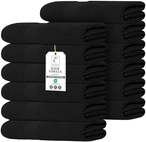 Commercial Bulk Pack of 12 Bath Towels – 100% Cotton Terry 24" x 48" – Ideal for Hotels, Salons, Gyms, Spas & Institutional Use – Black