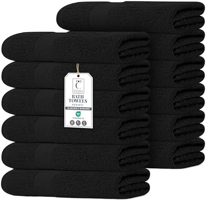 Commercial Bulk Pack of 12 Bath Towels – 100% Cotton Terry 24" x 48" – Ideal for Hotels, Salons, Gyms, Spas & Institutional Use – Black