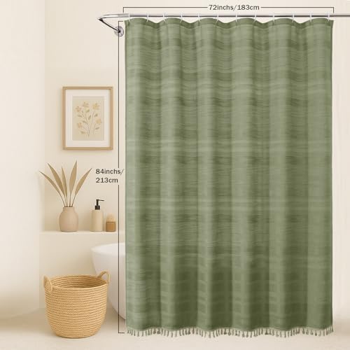 OVZME Extra Long Boho Shower Curtain 84 Inch Long, Modern Farmhouse Heavy Duty Linen Textured Soft Fabric, Rustic Country Cloth Shower Curtain with Tassel for Bathroom Hotel, 72Wx84L, Sage Green