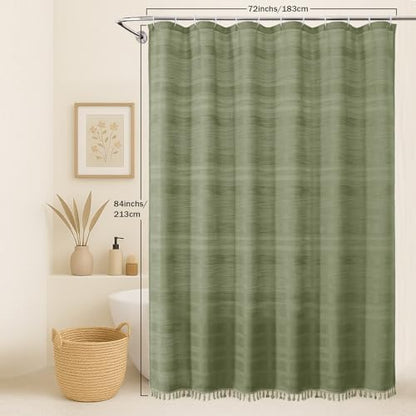 OVZME Extra Long Boho Shower Curtain 84 Inch Long, Modern Farmhouse Heavy Duty Linen Textured Soft Fabric, Rustic Country Cloth Shower Curtain with Tassel for Bathroom Hotel, 72Wx84L, Sage Green