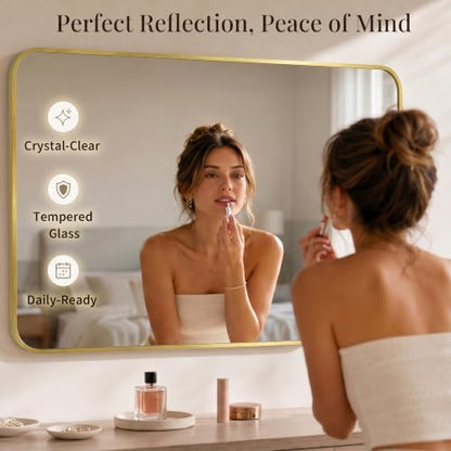 30x48 Inch Brushed Gold Rounded Rectangle Bathroom Vanity Mirror