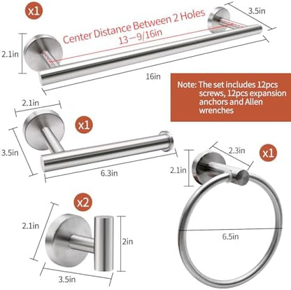 5pcs Bathroom Hardware Set, Brushed Nickel Bathroom Hardware Set, Including 16" Hand Towel Bars, Toilet Paper Holders, Towel Rings, Robe Towel Hooks