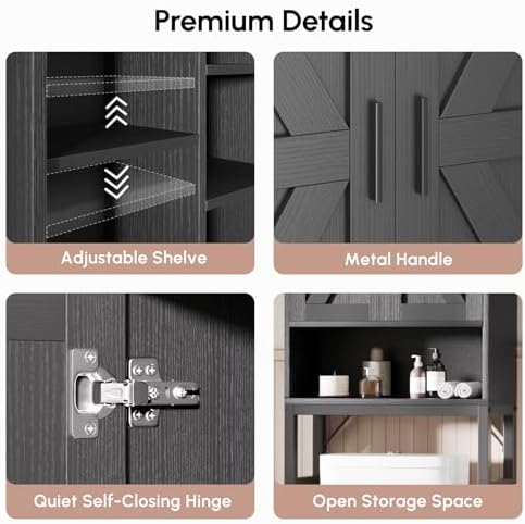 USHOWER Black Over The Toilet Storage Cabinet with Barn Doors