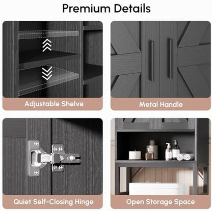 USHOWER Black Over The Toilet Storage Cabinet with Barn Doors