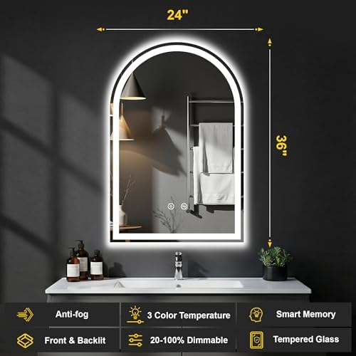 Arched LED Bathroom Mirror with Lights, 24" x 36" Lighted Vanity Mirror