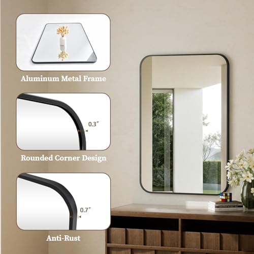 BEAUTYPEAK 16" x 24" Rectangular Wall Mounted Bathroom Mirror, Black