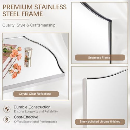 ANDY STAR Chrome Bathroom Mirror, 24"x36" Scalloped Wall Mirror in Stainless Steel Metal Frame, Unique Vanity Mirror with Modern Curved Edge Design, Ideal for Bathroom, Bedroom, Entryway