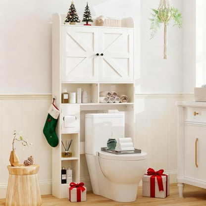 Vipbear Over The Toilet Storage Cabinet, 32.3” W Farmhouse Bathroom Storage Cabinet Above Toilet with Toilet Paper Holder and Barn Doors, Freestanding Restroom Organizer Space Saving Rack, White