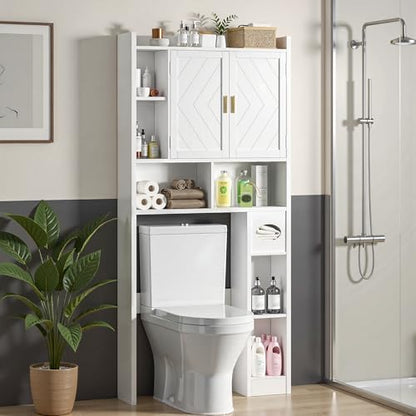 VECELO Over The Toilet Storage Cabinet, Storage Cabinet Over Toilet with Adjustable Shelves & Toilet Paper Holder Stand, Home Space-Saving Toilet Storage, for Bathroom, Restroom, Laundry, White
