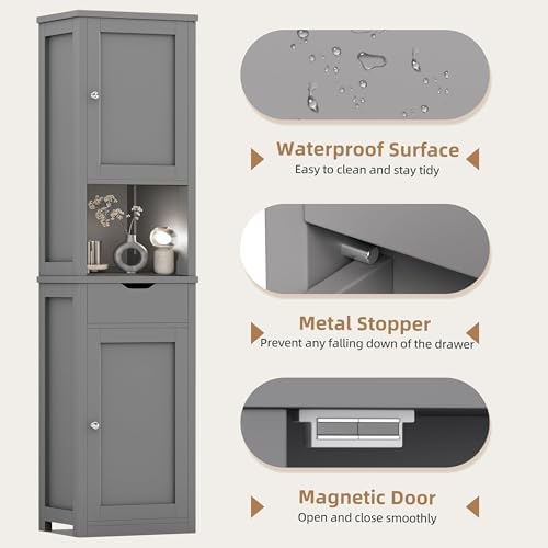 Shintenchi Tall Bathroom Storage Cabinet, Slim Corner Floor Cabinet with Doors and Drawer, Freestanding Narrow Bathroom Organizer with Adjustable Shelves for Small Space, Gray