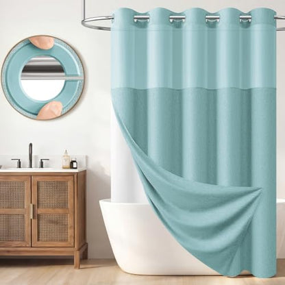 BTTN Teal Ringless Linen Textured Shower Curtain with Snap in Liner, 72x75