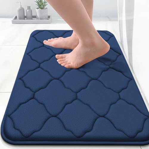 OLANLY Memory Foam Bath Mat Rug 24x16, Ultra Soft and Absorbent Bathroom Rugs, Non-Slip, Comfortable, Machine Washable Bath Carpet for Bathroom Floor, Tub, Shower and Home Decor Accessories, Navy