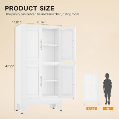 winiowa 47" Tall Kitchen Pantry Cabinet, Metal Storage Cabinet with Doors and Adjustable Shelves, White Freestanding Pantry Cabinet for Kitchen, Dining Room, Living Room, Laundry Room, Bathroom
