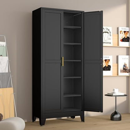 Metal Pantry Cabinet with 2 Doors and 5 Adjustable Shelves, 75"Kitchen Storage cabinets with Gold Handles, Versatile Storage for Laundry Room, Living Room, Bathroom, Dinning Room, Utility Room-Black