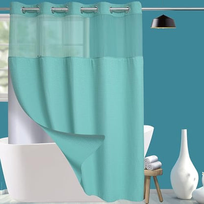 Conbo Mio Extra Long No Hook Green Waffle Weave Shower Curtain with Snap in Liner Set, Hotel Luxury Shower Curtains for Bathroom with See Through Top Window, Waterproof, Washable 71W x 84H