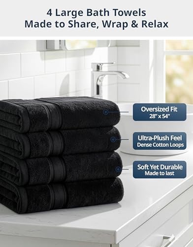 LANE LINEN Bath Towel Set 100% Cotton 4 Piece Soft Absorbent - Black