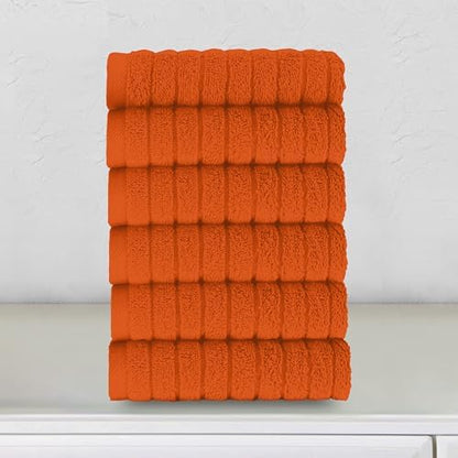 Elegant Comfort 100% Turkish Cotton Corduroy Ribbed Luxury Washcloths 6 Pack Soft 13 x 13 Inch - Higly Absorbent, Durable, Quick Dry, Spa Premium Hotel Quality for Bathroom or Travel, Orange