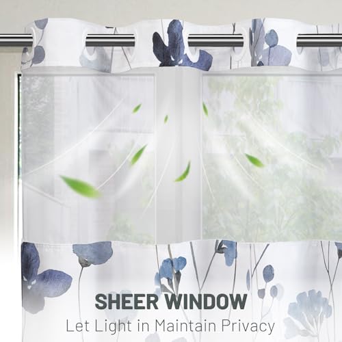 WITHLOC No Hook Floral Shower Curtain with Liner, Blue White, 71x74