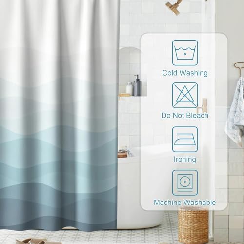 Modern Rustic Shower Curtain, Stripes Ocean Luxury Abstract Nautical Aesthetic Shower Curtains for Bathroom, Waterproof Bath Curtain with Hooks Machine Washable Bathtub Curtains 72x72 Inch Blue