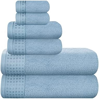 GLAMBURG 100% Cotton Ultra Soft 6 Pack Towel Set, Contains 2 Bath Towels 28x55 Inches, 2 Hand Towels 16x24 Inches & 2 Wash Coths 12x12 Inches, Compact Absorbent Lightweight & Quickdry - Sky Blue