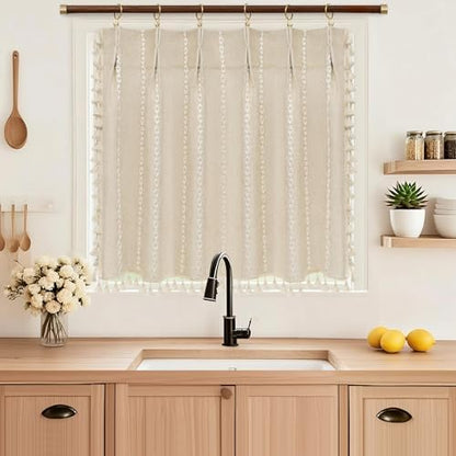 Seenus Beige Boho Farmhouse Window Curtain with Tassels, 30 x 24 Inch Light Filtering Sheer Short Cafe Window Curtain Tier, Linen Textured Pleated Small Window Drape for Kitchen or Bathroom, 1 Panel