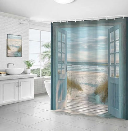Blue Beach Barn Door Shower Curtain, Rustic Country Ocean Coastal Seaside Scenery Decor Bath Curtains, Retro Teal Wood Waterproof Bathroom Accessories Set, 60 x 70 inch with Hooks