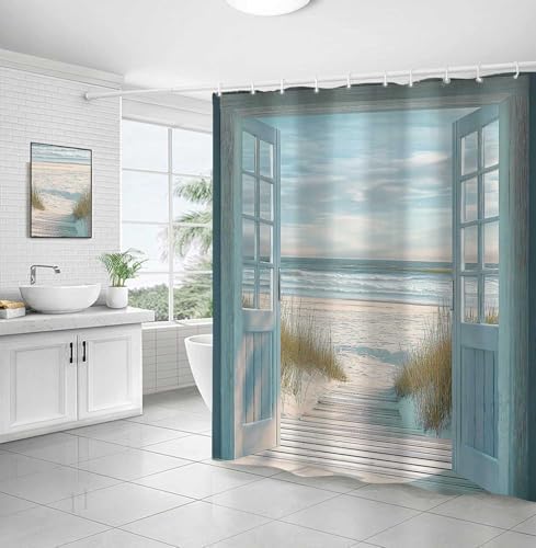 Blue Beach Barn Door Shower Curtain, Rustic Country Ocean Coastal Seaside Scenery Decor Bath Curtains, Retro Teal Wood Waterproof Bathroom Accessories Set, 72 x 84 inch with Hooks