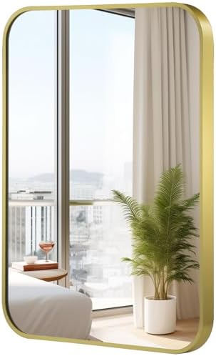 20x30 Inch Gold Mirror, Framed Rectangle Mirror with Rounded Corner, Brushed Brass Mirror, Gold Bathroom Mirror for Over Sink, Vanity, Living Room, Bedroom, Horizontal/Vertical