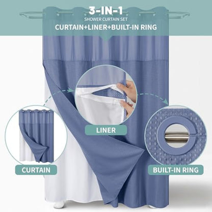 No Hook Long Waffle Shower Curtain, Snap-In Liner, 71x86 in, MoonlightBlue