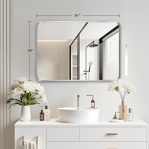 Silver Bathroom Vanity Mirror Over Sink 30x36, Large Wall Chrome Mirror