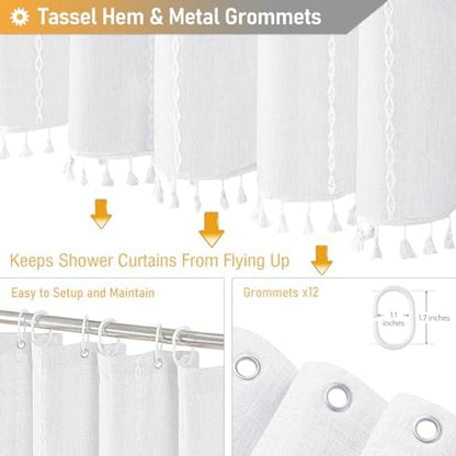 BTTN 72x78 Long Boho Farmhouse Linen Heavy Duty Cloth Shower Curtain, White