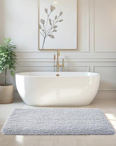 ILANGO Silver Bathroom Rugs 60" × 24" Non Slip & Super Absorbent Extra Thick Soft, Washable Bath Carpet Runner for Floor, Microfiber Plush Shaggy Bath Mats with Tub for Droom Bathtub Shower Room