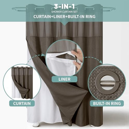 eachope No Hook Long Waffle Shower Curtain, Snap-in Liner, 71x86 in, Brown