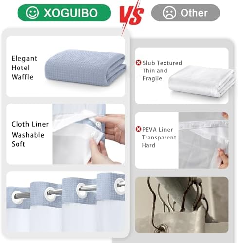 No Hook Shower Curtain with Liner Set Hotel Waffle Mist Blue 72W X 75L