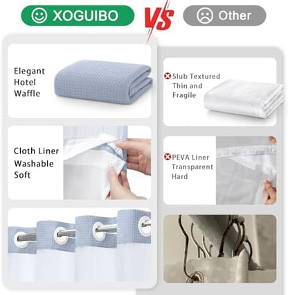 No Hook Shower Curtain with Liner Set Hotel Waffle Mist Blue 72W X 75L