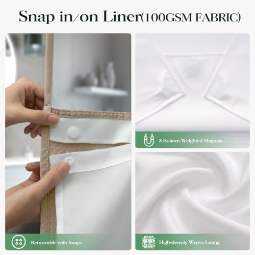 Dynamene Beige Hook Free Waffle Shower Curtain & Snap-in Fabric Liner,60x75