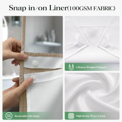 Dynamene Beige Hook Free Waffle Shower Curtain & Snap-in Fabric Liner,36x75