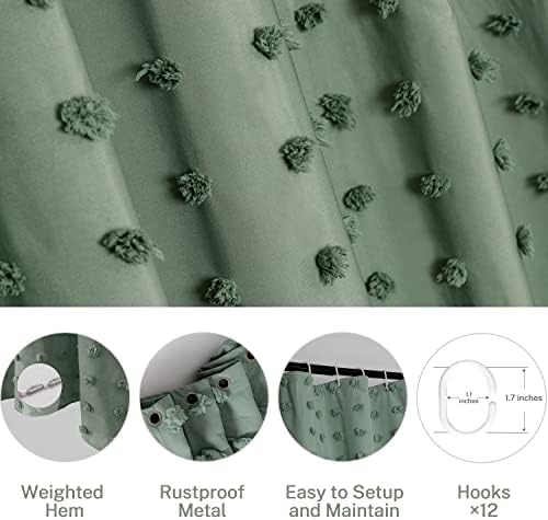 Extra Long Green Boho Shower Curtain Woven Fabric Cute 84 Inch Shower Curtain, 72 x 84 Tufted Pleat Floral Puffs Textured Modern Farmhouse Minimalist Shower Curtain Set with Hooks for Bathroom