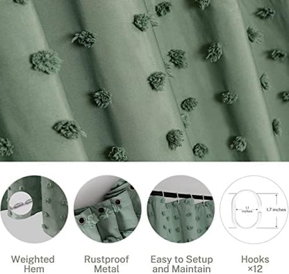 Extra Long Green Boho Shower Curtain Woven Fabric Cute 84 Inch Shower Curtain, 72 x 84 Tufted Pleat Floral Puffs Textured Modern Farmhouse Minimalist Shower Curtain Set with Hooks for Bathroom