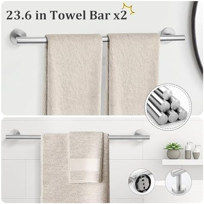 TURS Brushed Nickel 10 Pieces Bathroom Hardware Set, SUS304 Stainless Steel 24 Inch Bath Towel Bar Set, Round Bathroom Accessories Kit Wall Mounted