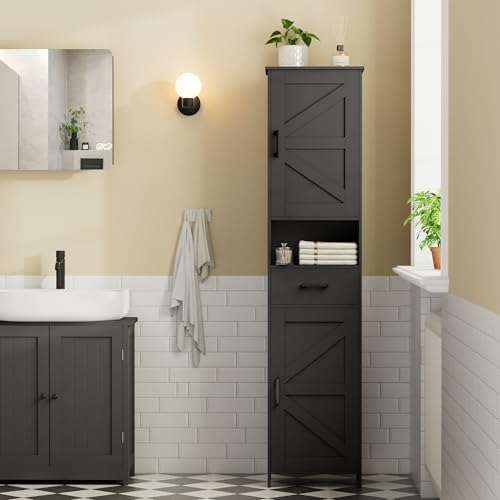 Homhedy 67" H Tall Bathroom Storage Cabinet with Barn Doors and Drawer
