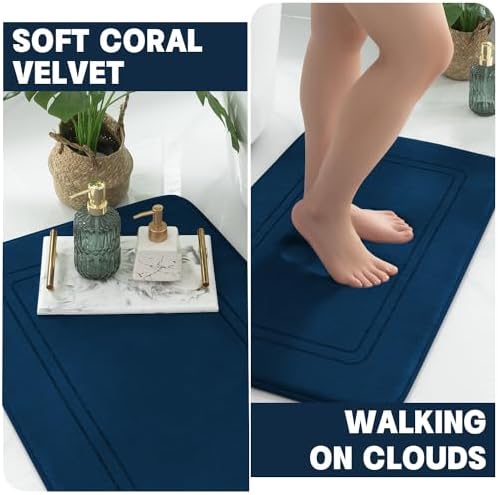 YIHOUSE Memory Foam Bath Mat Set, Non Slip Bath Mats, Super Soft and Water Absorbent, Machine Washable U Shape Toilet Mats, Dark Blue