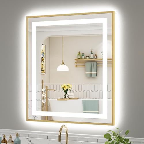 36x30 Inch LED Bathroom Mirror with Gold Frame, Backlit & Front Lit