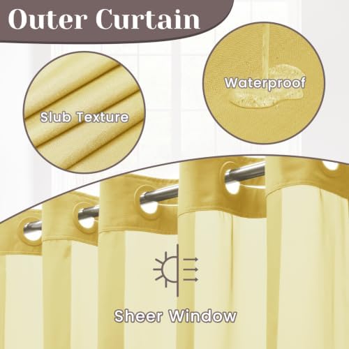 SORTTO No Hook Slub Shower Curtain with Liner, 71x74, Yellow