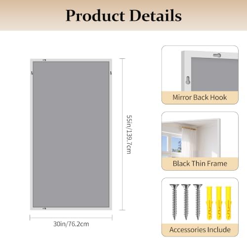 COFENY 30x55In Silver Bathroom Mirror for Wall, Brushed Nickel Rectangle Mirrors with Metal Frame, Bathroom Rectangular Mirror Modern Wall Mirror for Bedroom Living Room, Hangs Horizontal or Vertical