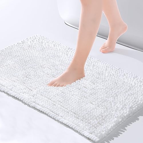 FRESHMINT Chenille Bathroom Rugs Mat 32”x20”, Non-Slip Bath Mat for Bathroom Floor & Bathtub, Washable Soft Shower Shag Bath Rugs, Durable Fluffy Thick Water Absorbent Microfiber Shower Mat, White
