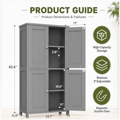 Nuturelly Bathroom Floor Storage Cabinet, 4 Doors, Anti-Tip, Grey
