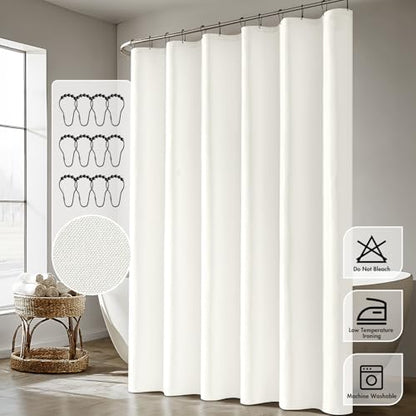 ANRODUO White Linen Textured Fabric Shower Curtain Set - W72xL78