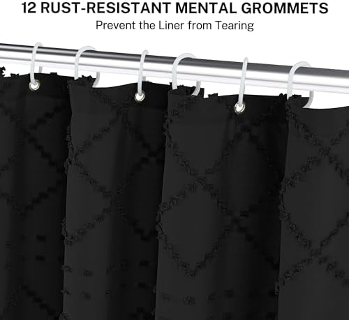 Extra Long Black Woven Fabric Boho Shower Curtain with Tassels 72 x 80 Modern Farmhouse Minimalist, Tufted Chevron Textured Striped Shabby Chic, Water Resistant Cloth Curtain for Bathroom, Hotel Decor