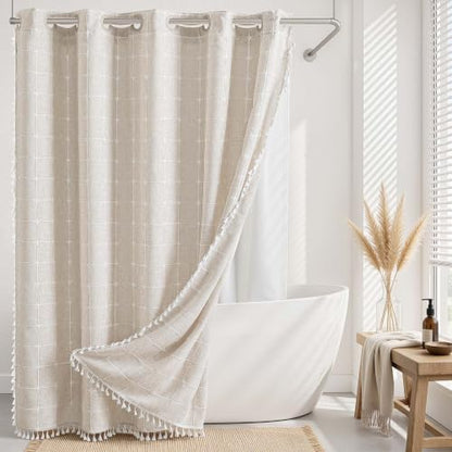 RiverDream Farmhouse No Hooks Shower Curtain with Snap-in Liner,Linen,71x86